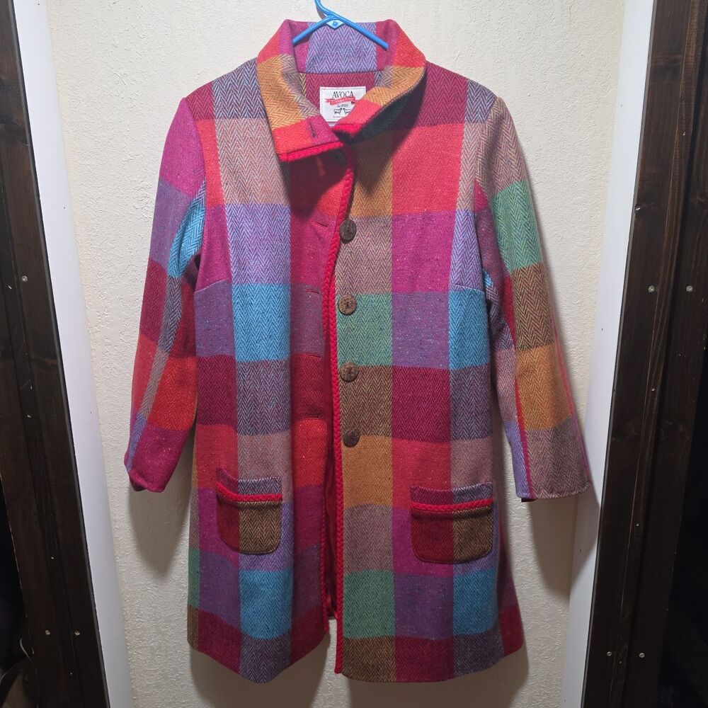 AVOCA Ireland Rainbow Plaid Wool Coat Circus Trudy Tweed Jacket Womens Size 4